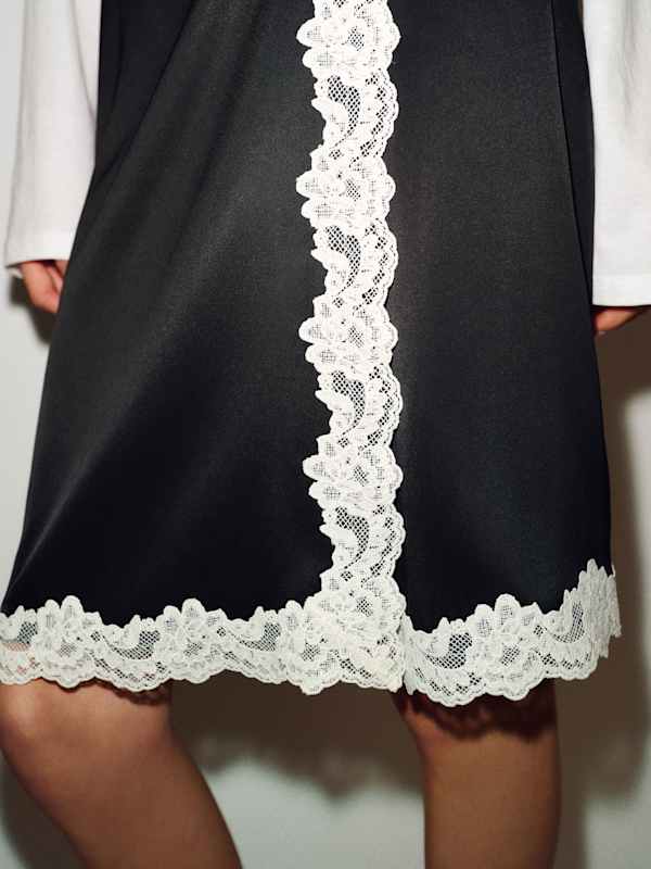 Ives Satin Skirt - Black With Cream Lace