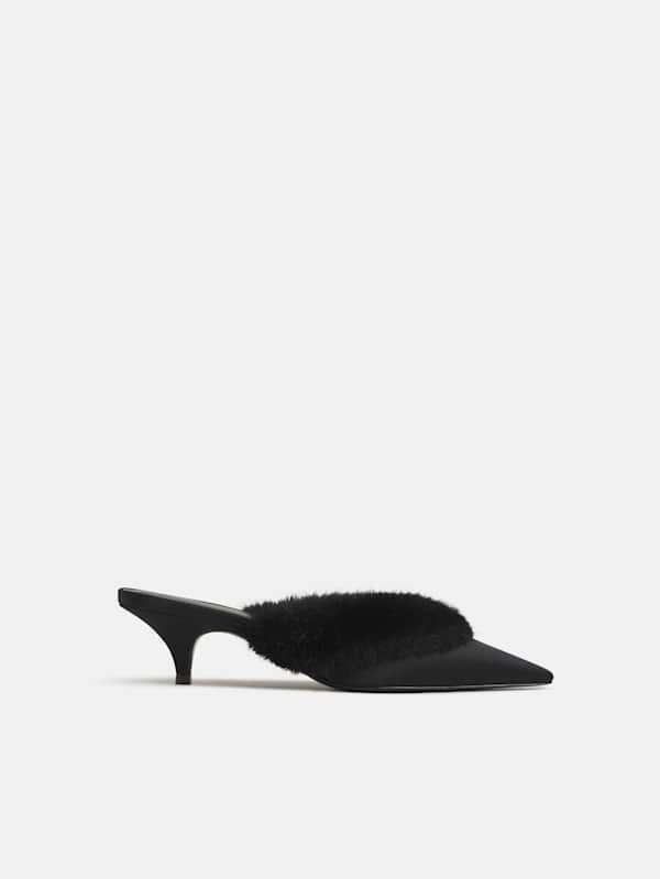 Wyler Heeled Mule - Black Satin Black Fur