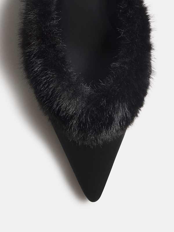 Wyler Heeled Mule - Black Satin Black Fur