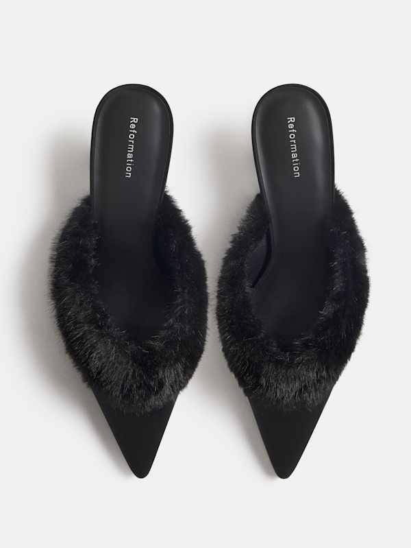Wyler Heeled Mule - Black Satin Black Fur