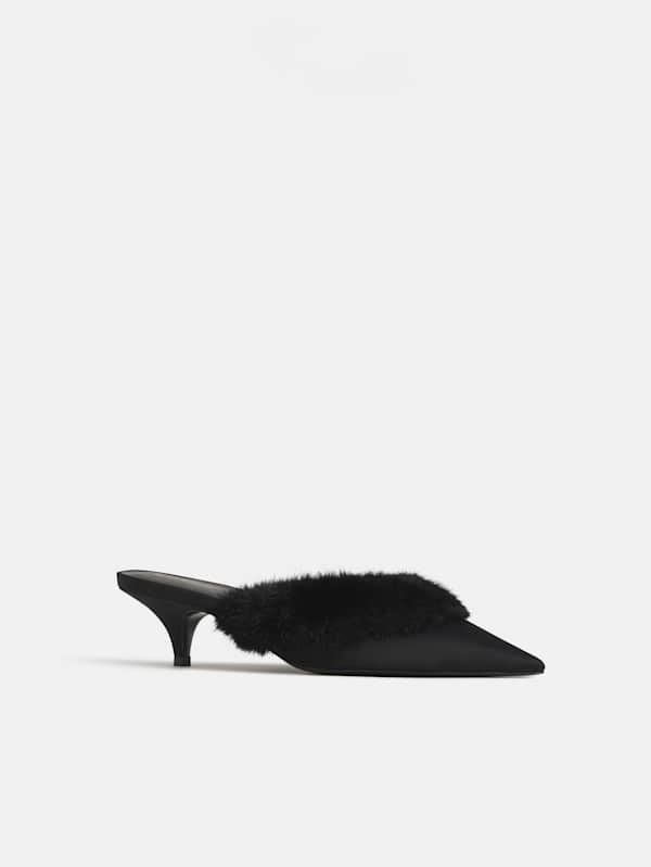 Wyler Heeled Mule - Black Satin Black Fur