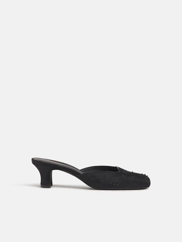 Pony Slipper - Black Embroidered Satin