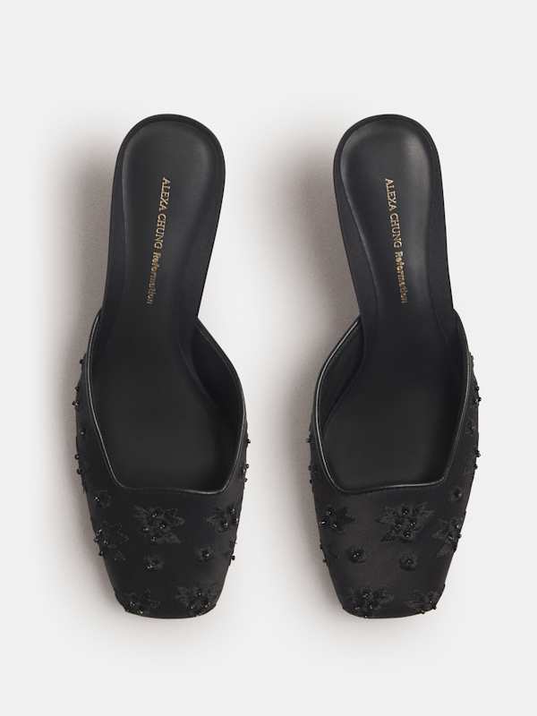 Pony Slipper - Black Embroidered Satin