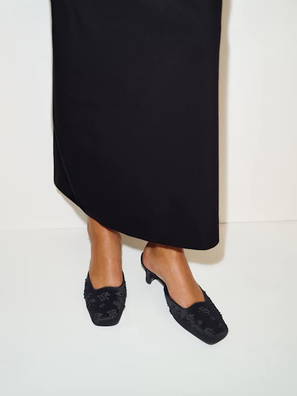 Pony Slipper - Black Embroidered Satin