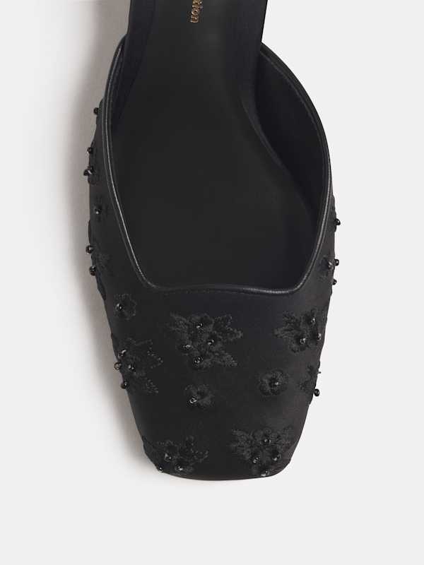 Pony Slipper - Black Embroidered Satin