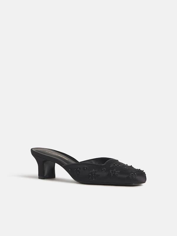 Pony Slipper - Black Embroidered Satin