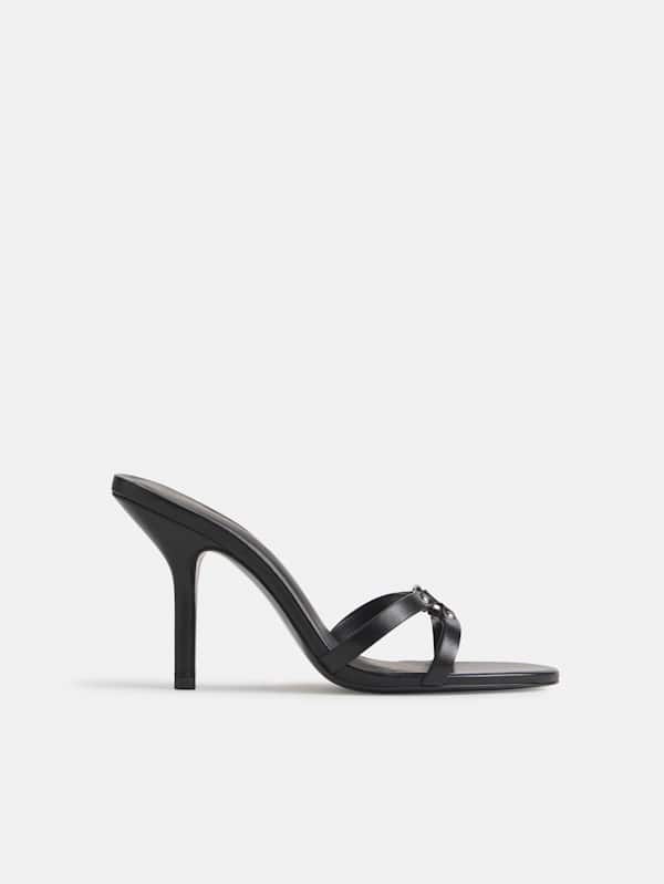 Bondage High Heeled Mule - Black Leather
