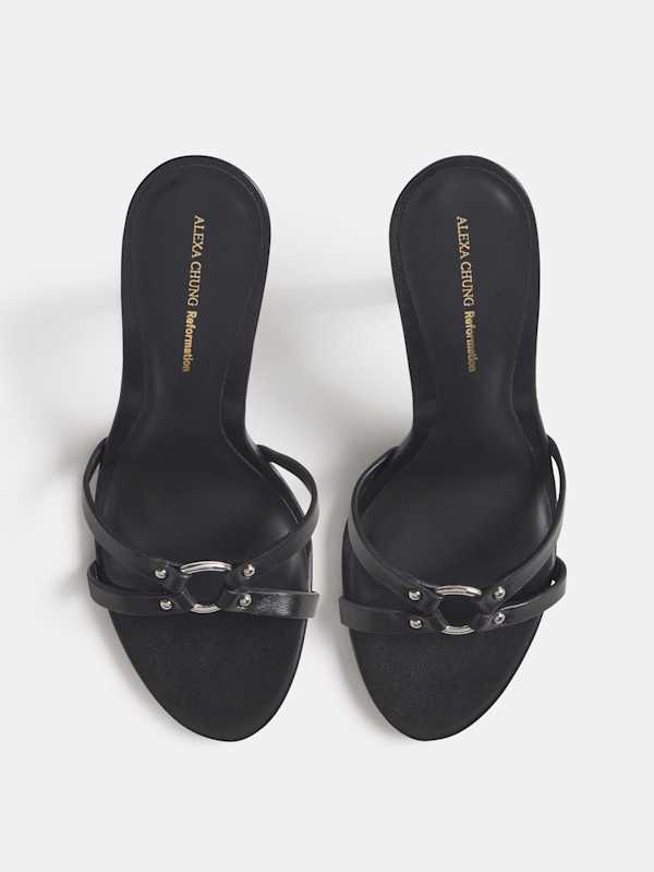 Bondage High Heeled Mule - Black Leather