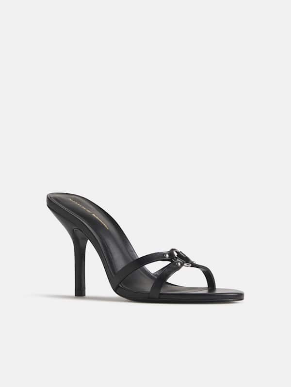 Bondage High Heeled Mule - Black Leather