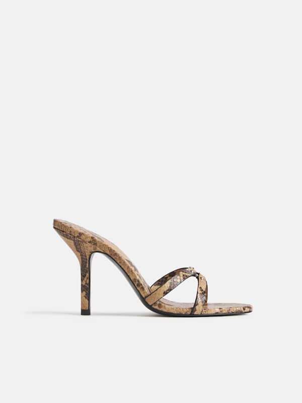 Mules &agrave; talons hauts Bondage - Effet serpent cr&egrave;me clair
