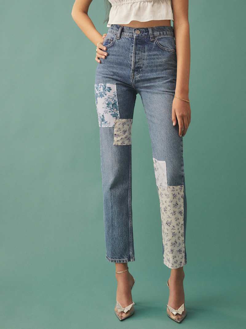 Cynthia Linen Patch High Rise Straight Jeans