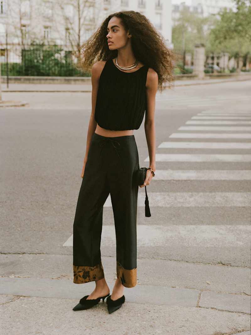Olina Cropped Pant Reformation – pantalon, coloris Black Jacquard Hem