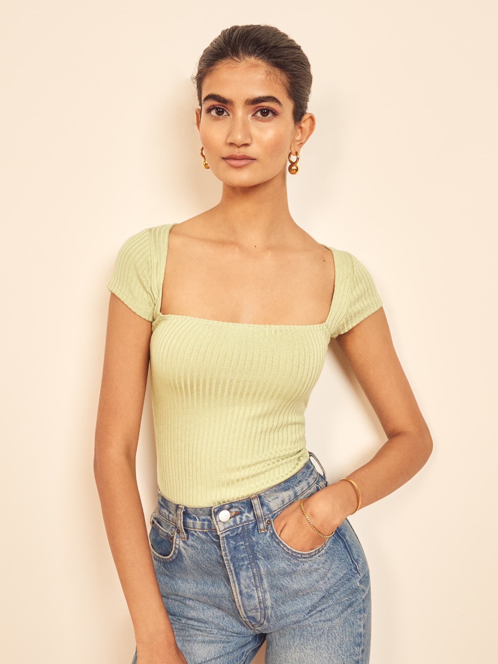 Bardot Top Short Sleeve Knit Reformation