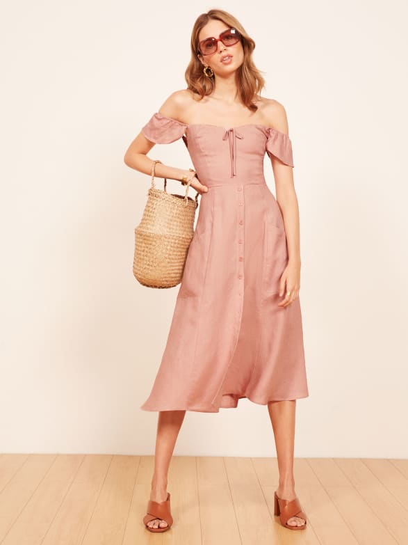 reformation hattie off the shoulder linen dress