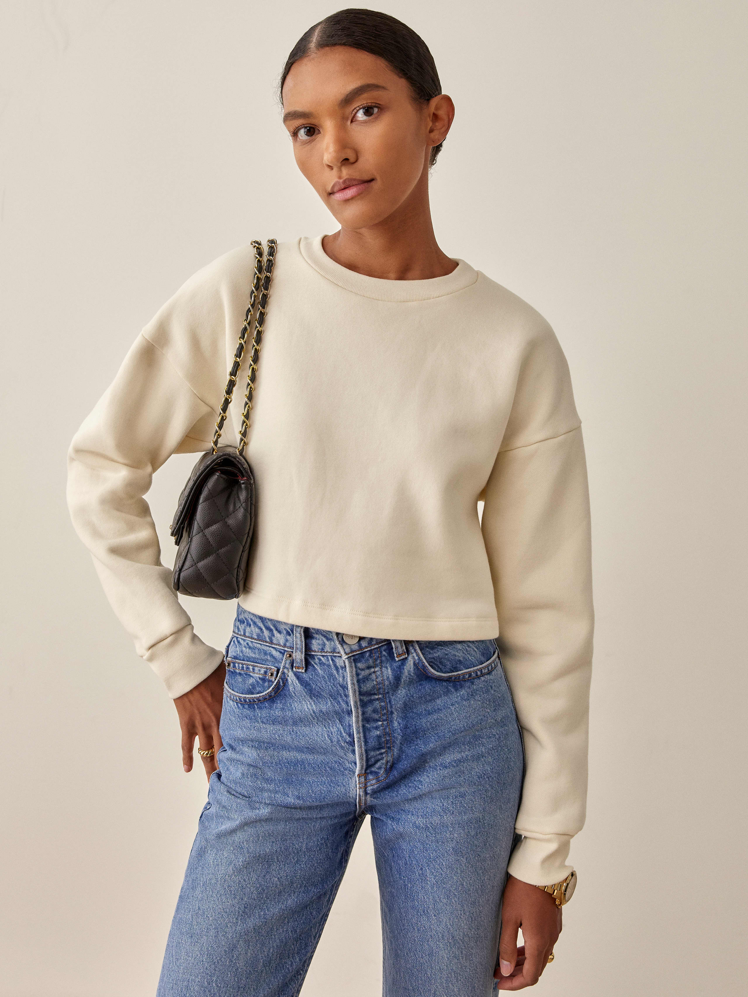 Almond Boxy Cropped Crew Sweatshirt