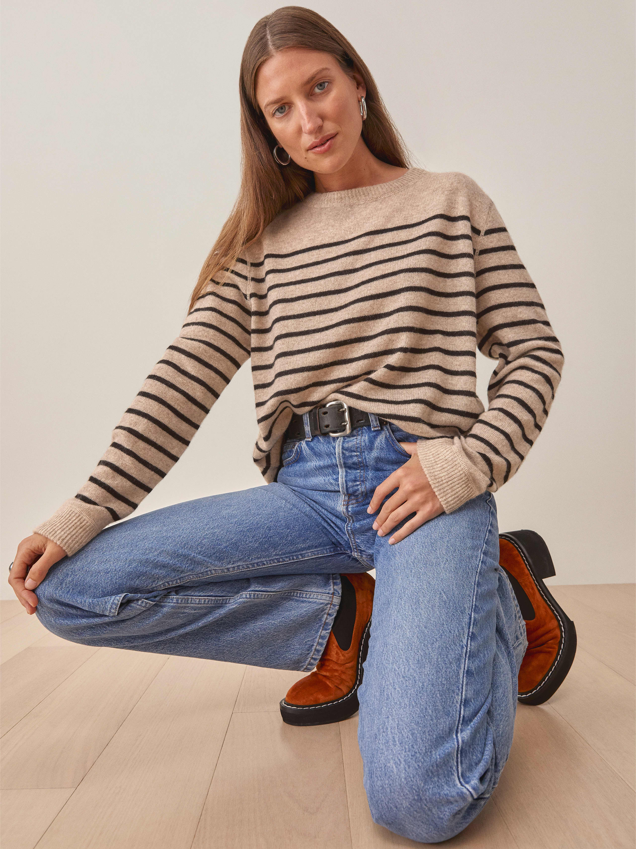 Oatmeal Stripe Cashmere Boyfriend Sweater