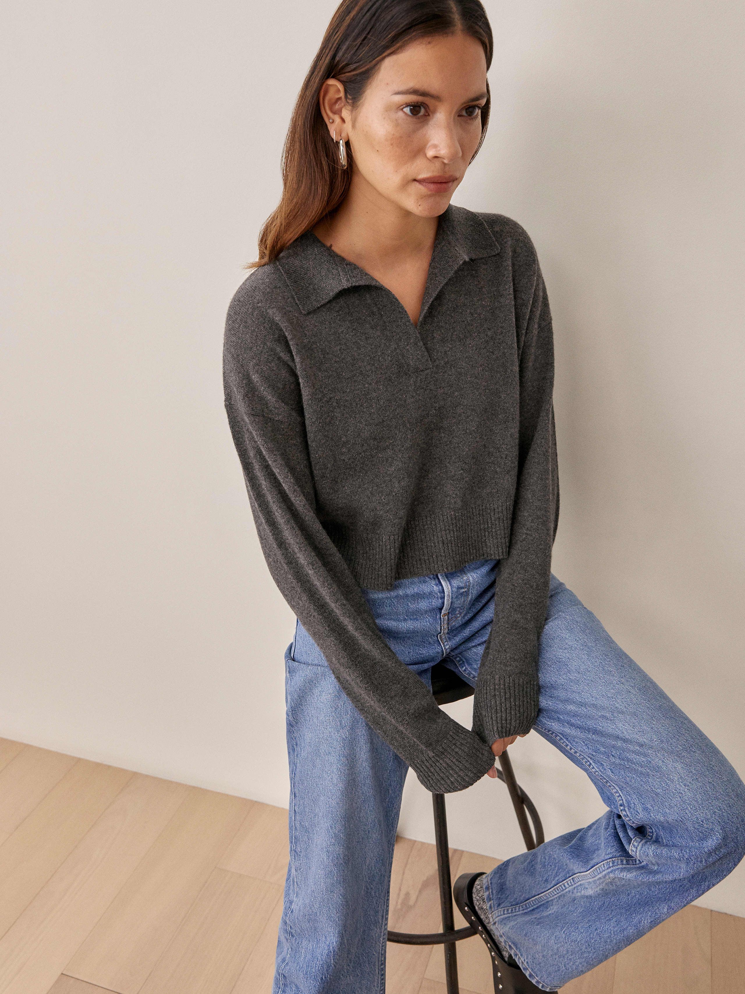 Charcoal Cashmere Polo Sweater