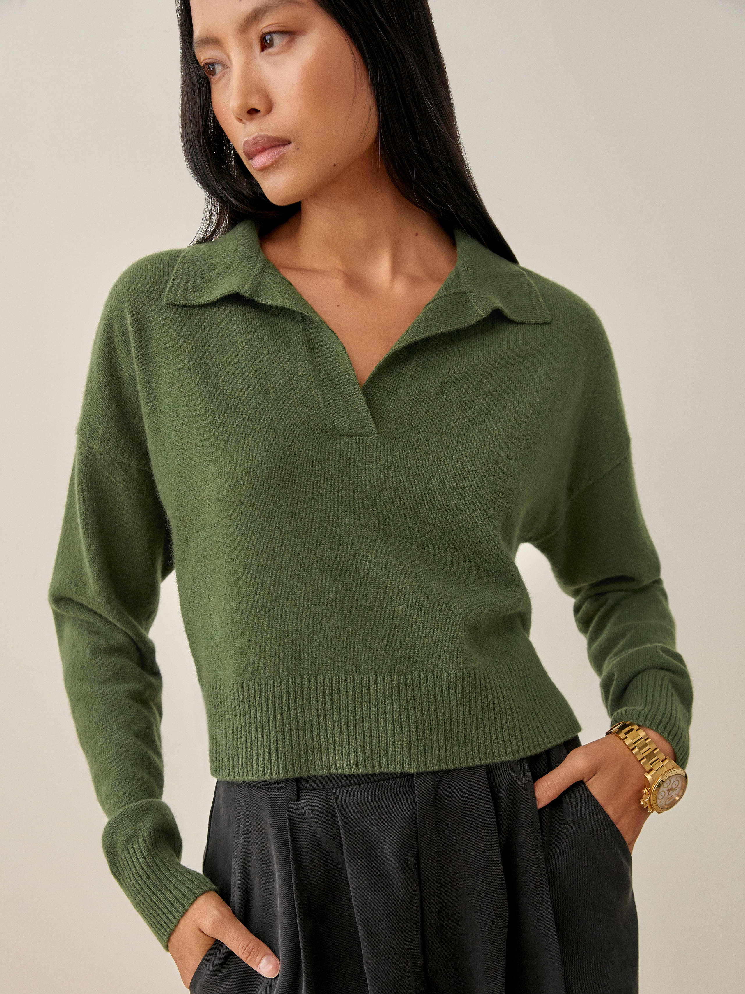 Olive Cashmere Polo Sweater