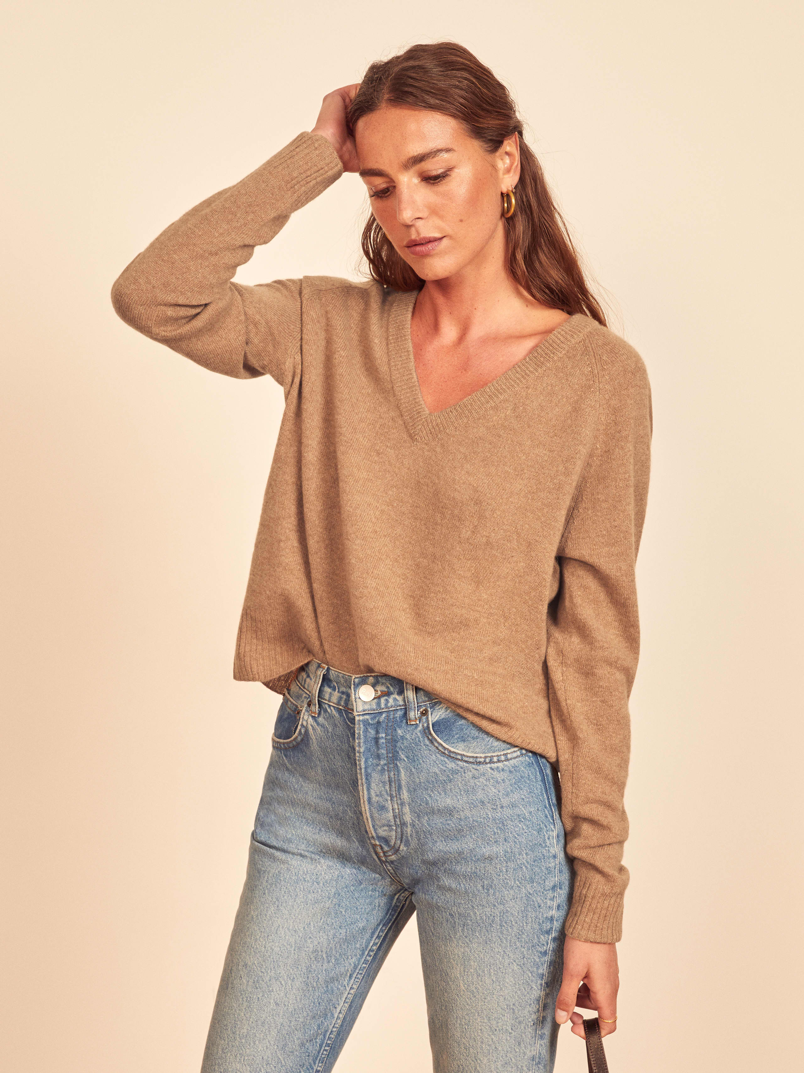 Camel Cashmere Relaxed V-Neck