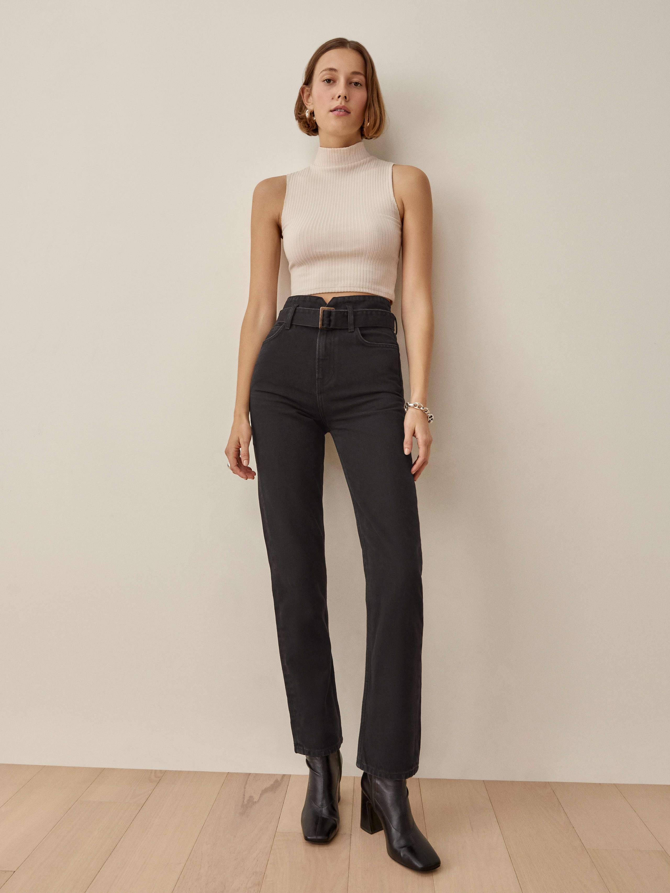 Faded Black Cynthia Belted High Rise Straight Jeans