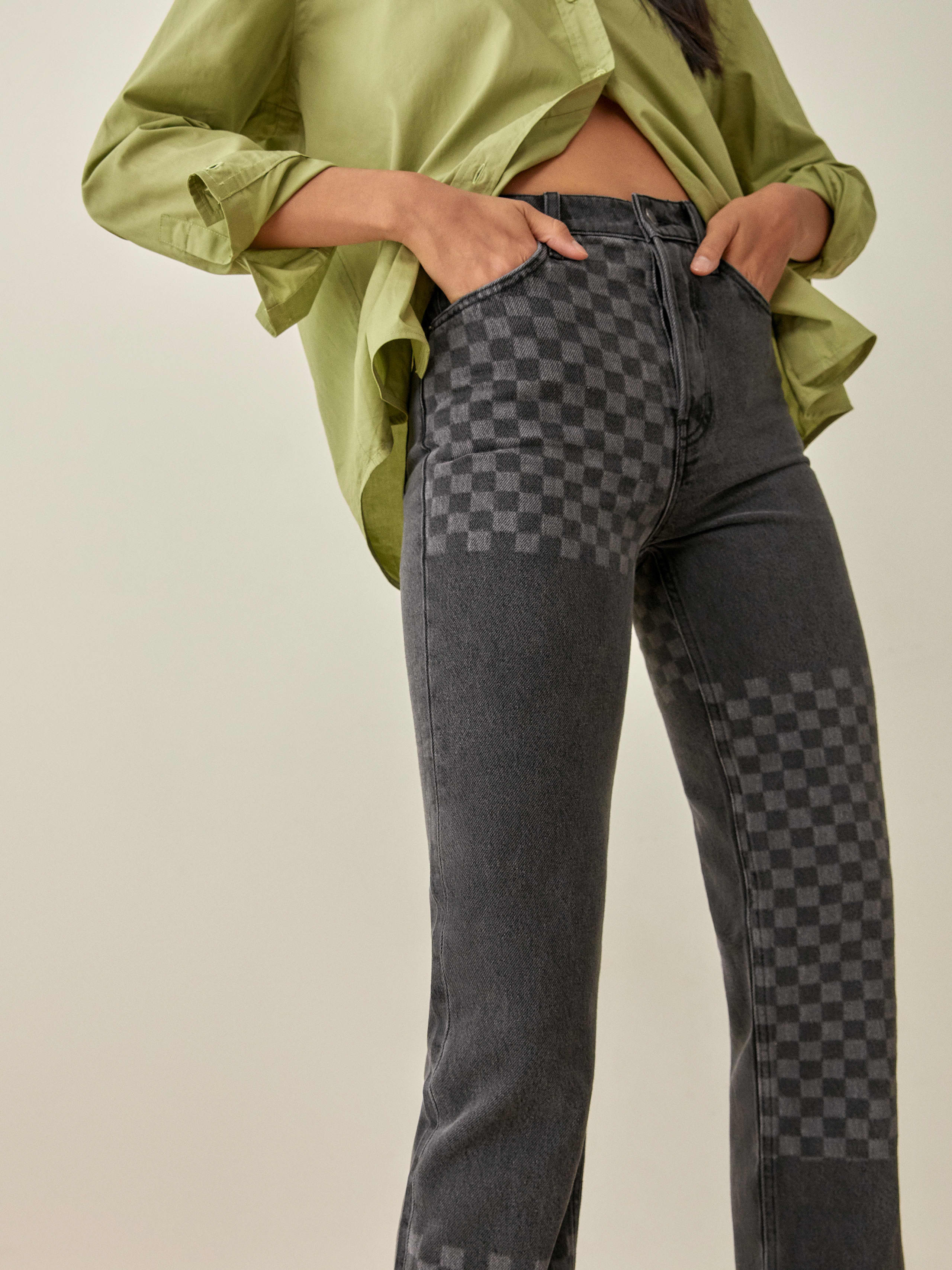 Seine Checkerboard Cynthia Shadow Checked High Rise Straight Long Jeans