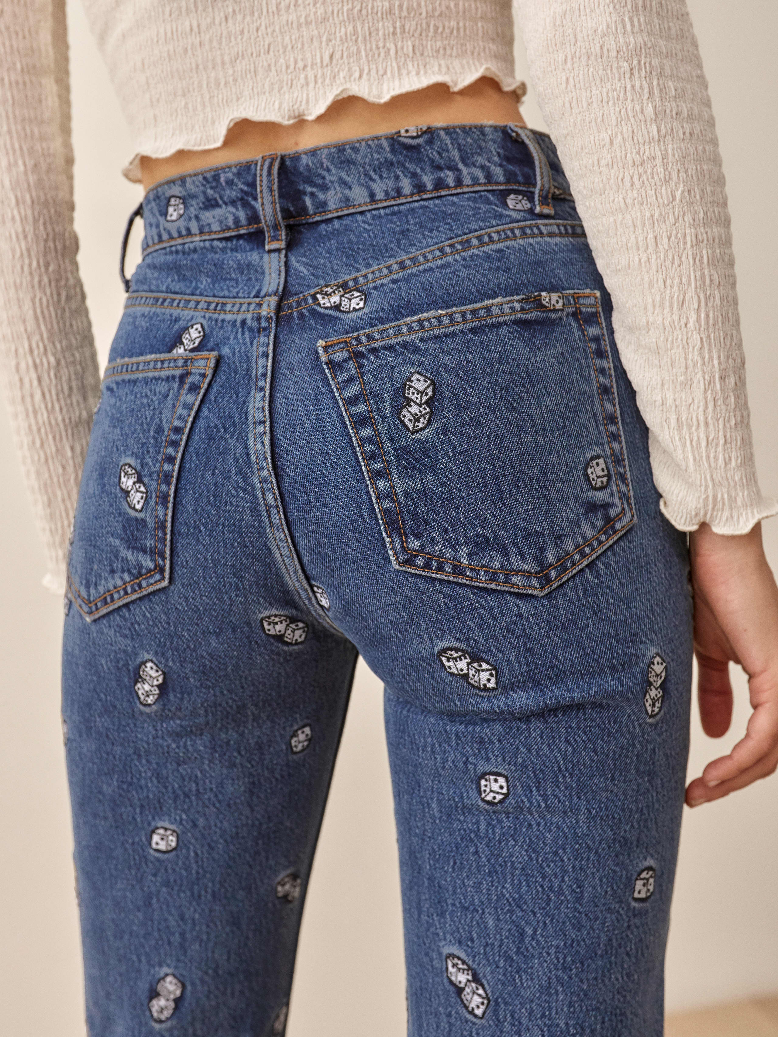 Vegas Embroidery Dice Embroidery High Rise Straight Jeans