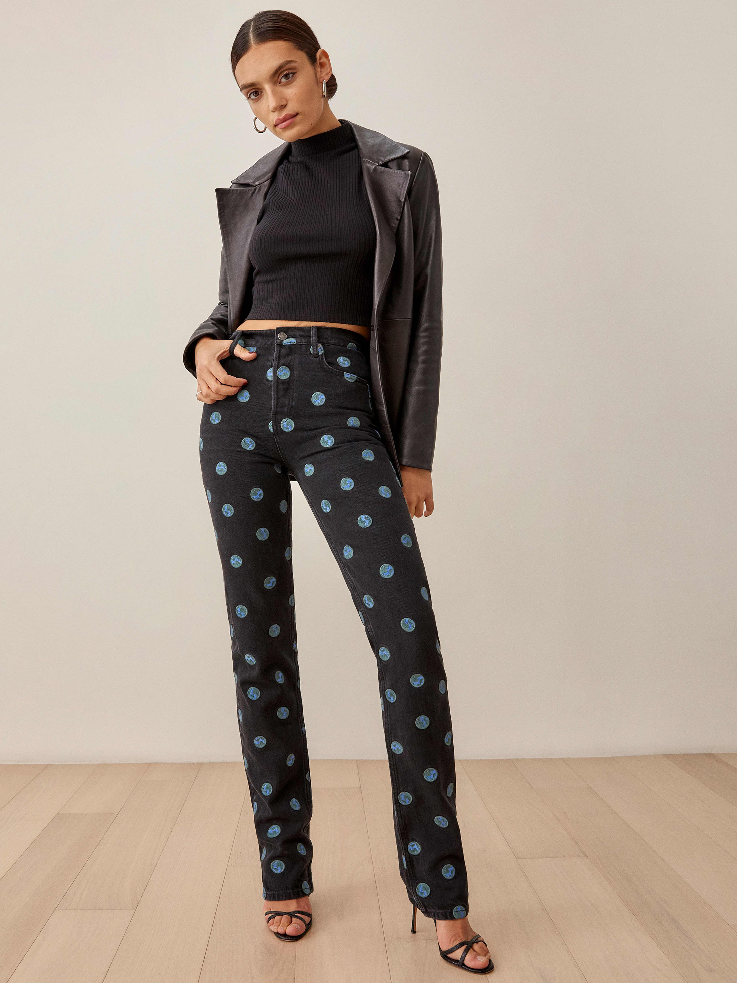 Earth Embroidery Earth Embroidered High Rise Straight Long Jeans
