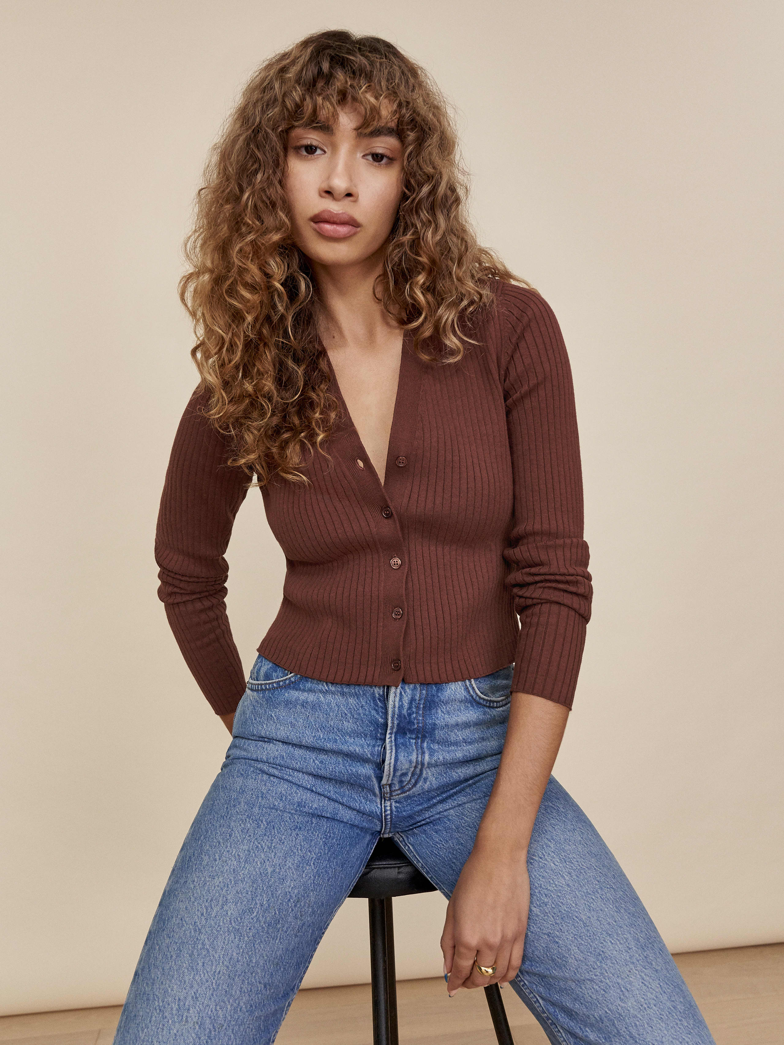 Chestnut Gilda Ribbed V-Neck Cardigan