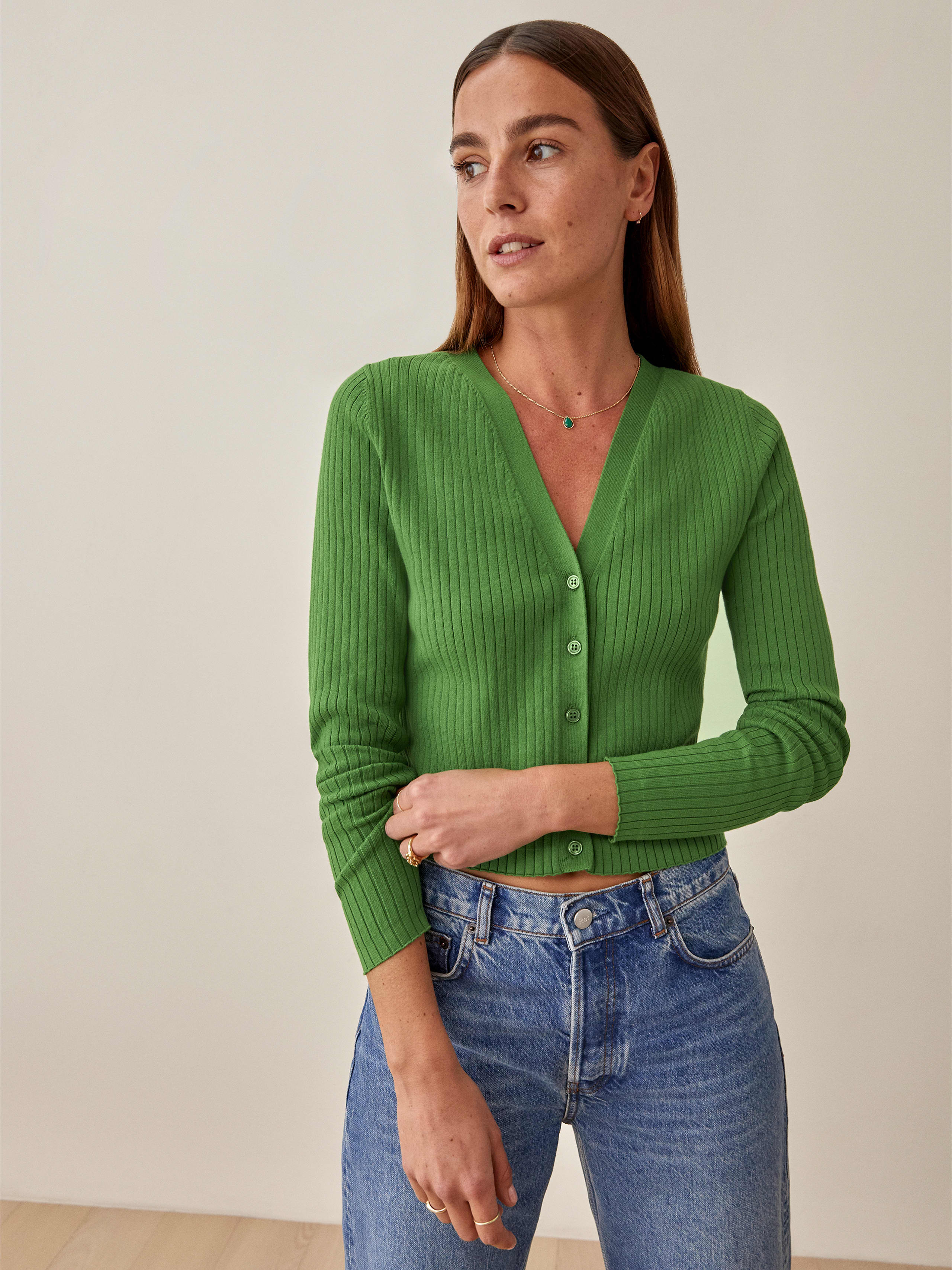 Kelly Green Gilda Ribbed V-Neck Cardigan