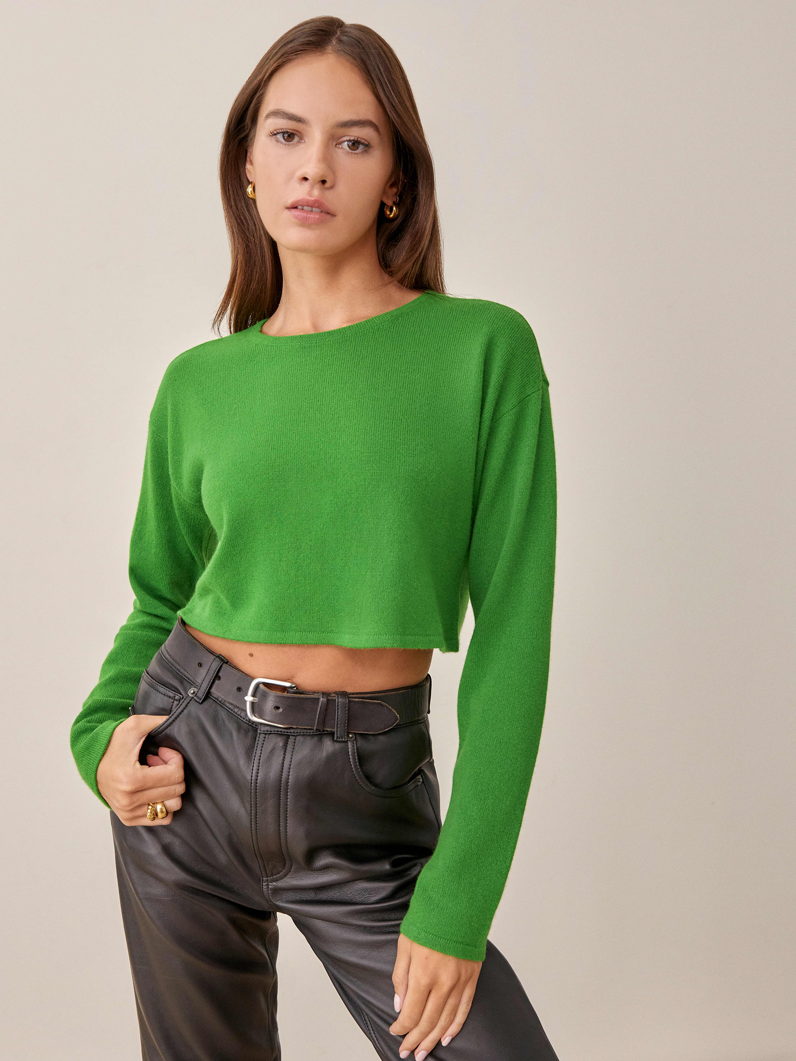 Kelly Green Idan Cropped Cashmere Crew
