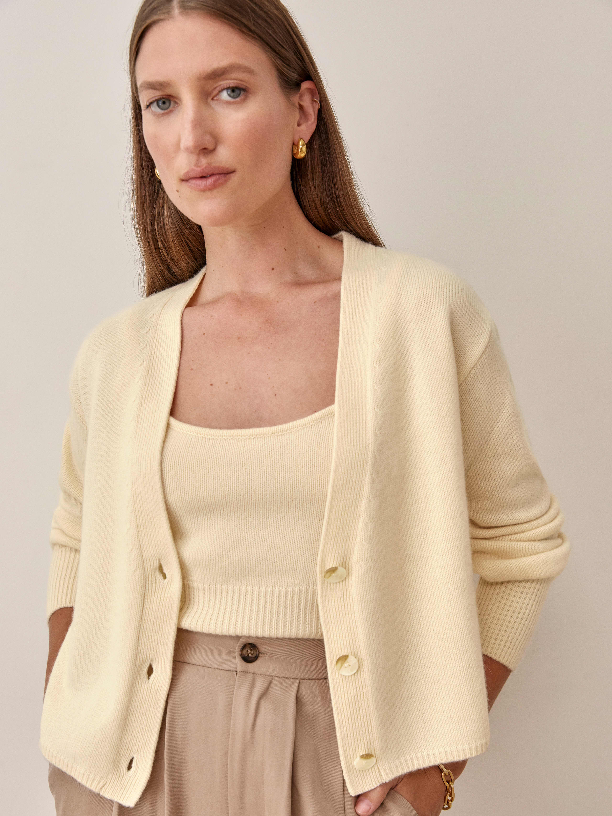 Warm White Varenne Cashmere Tank And Cardi Set