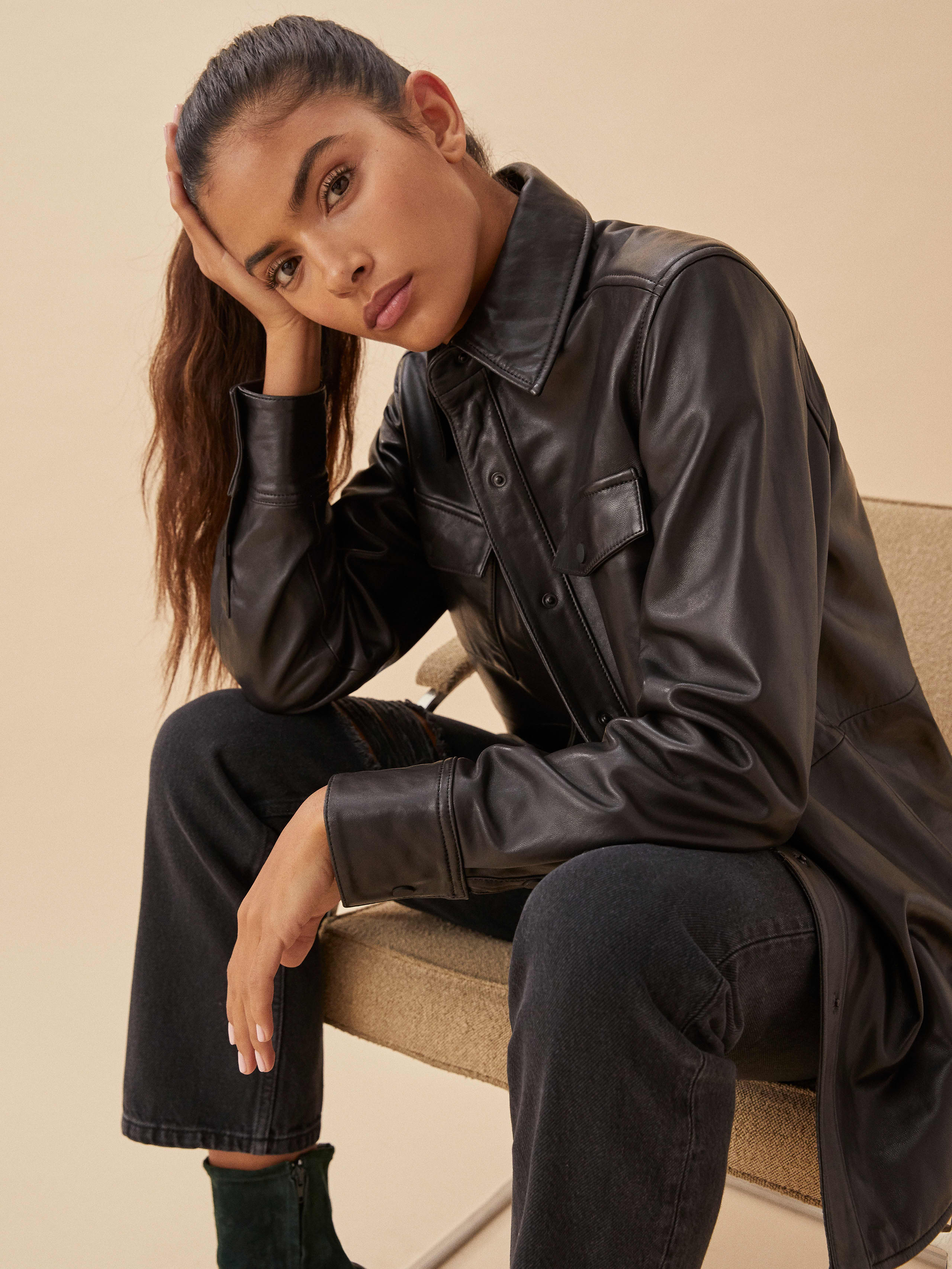 Long leather shirt jacket clearance
