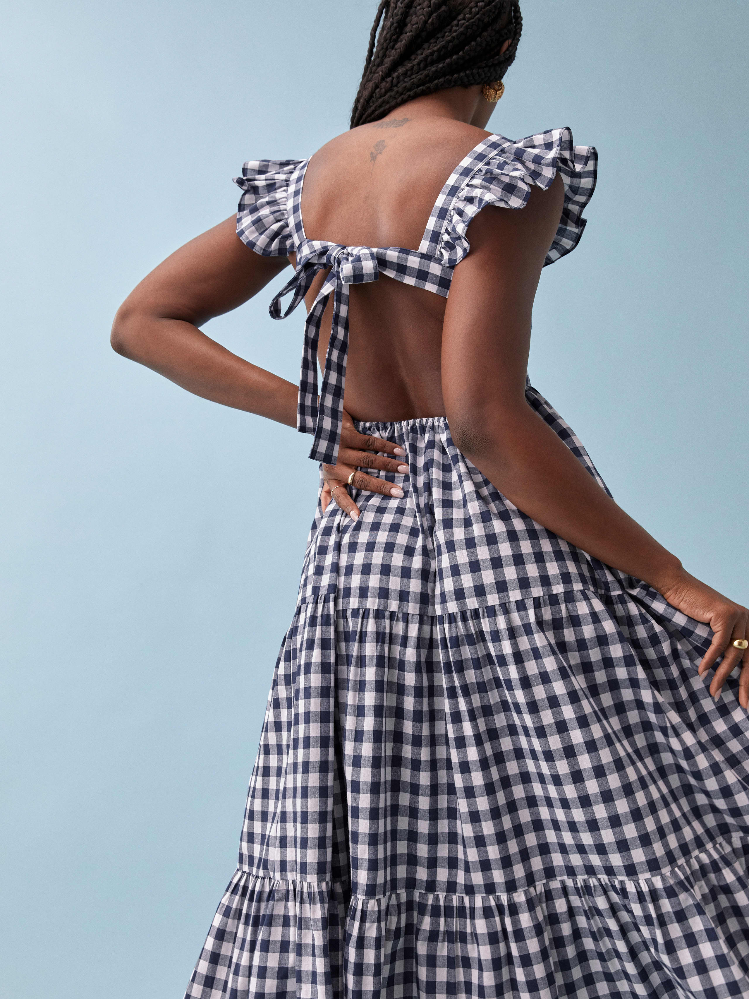 Reformation Hartford Navy & White gingham ruffle midi Dress with back tie, £248