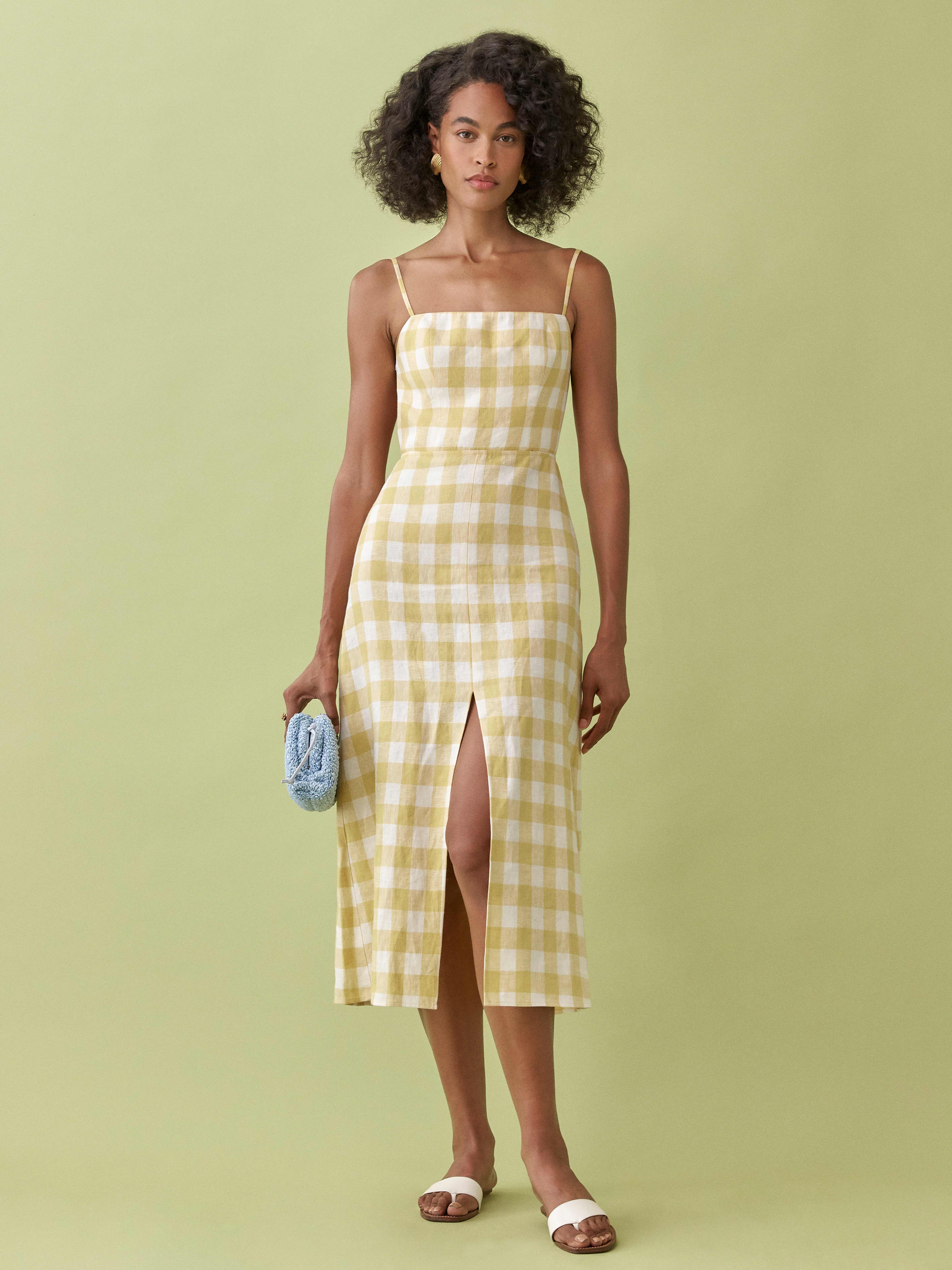 The Reformation Yelolow & White checked Nia Linen Dress, £218
