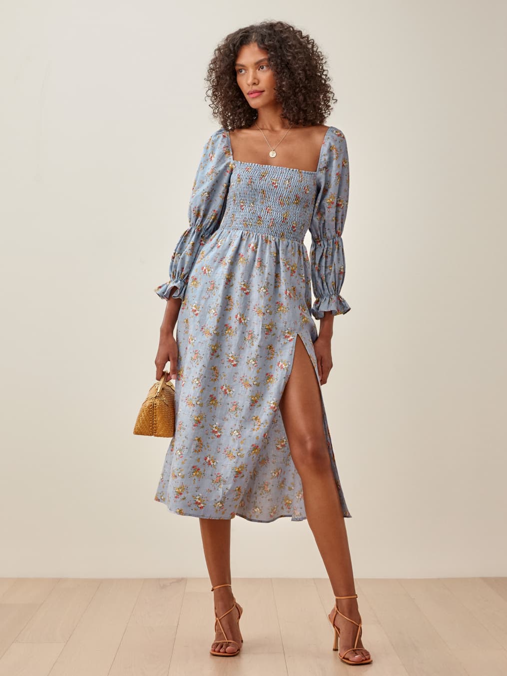 Linen dress puff sleeves Outlet