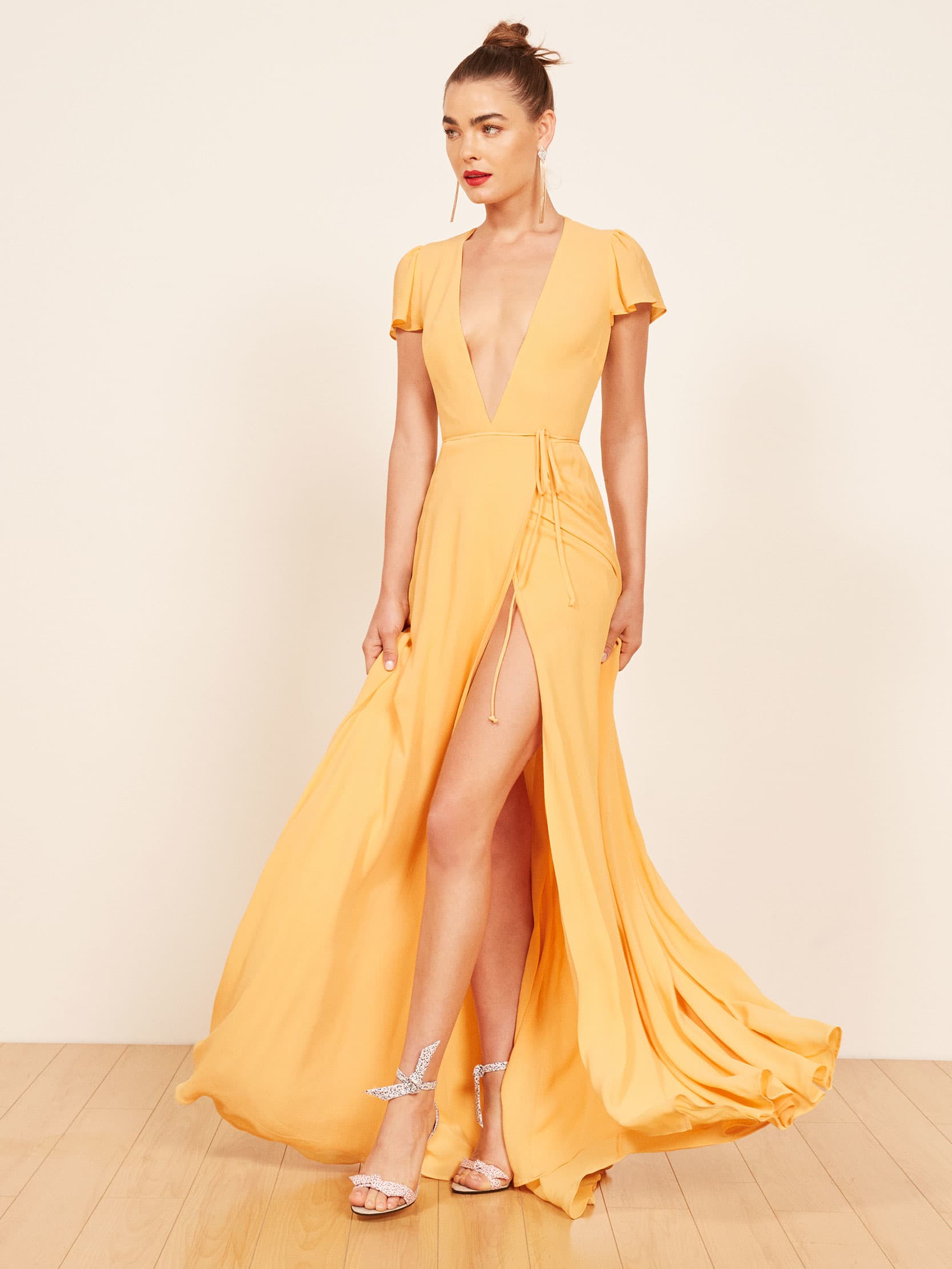 floor length wrap dress with sleeves