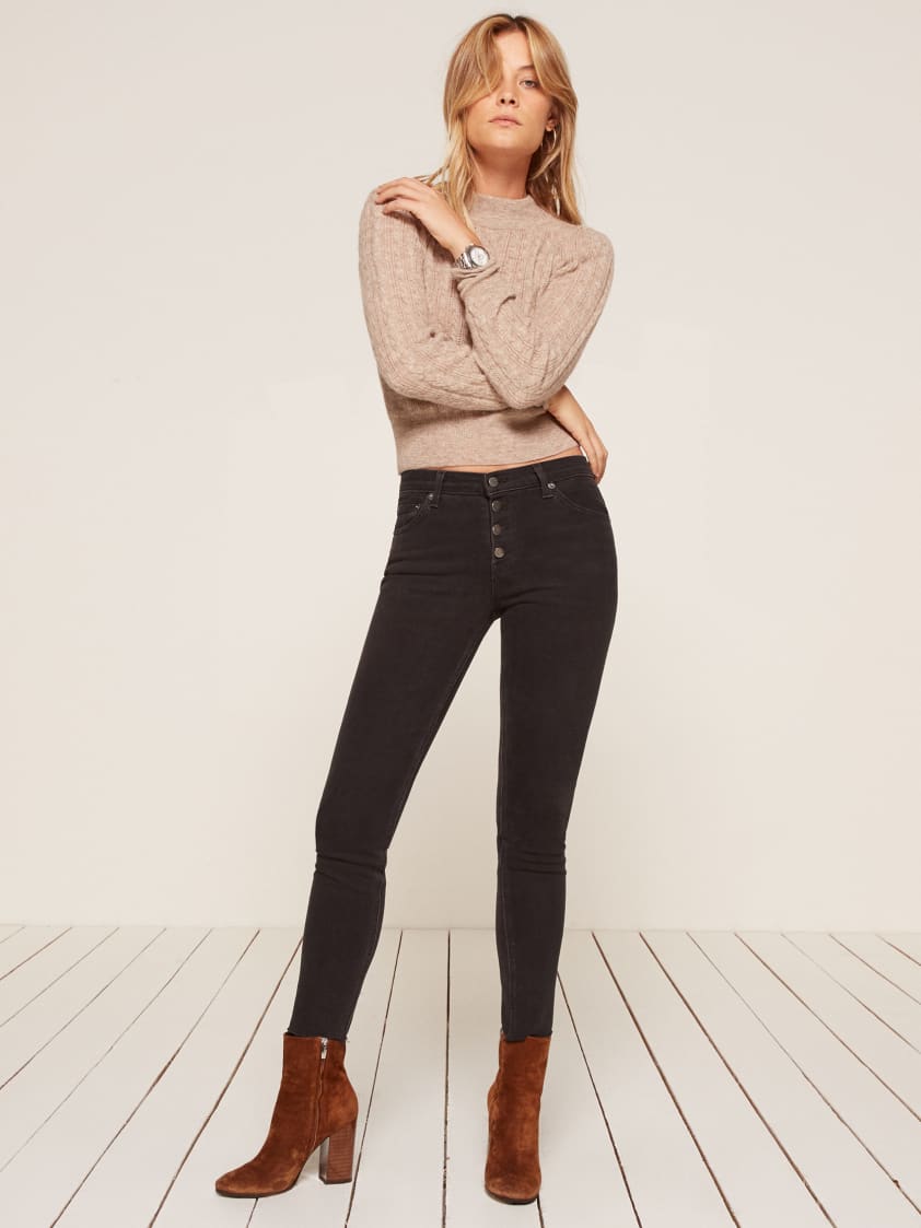 button fly stretch jeans
