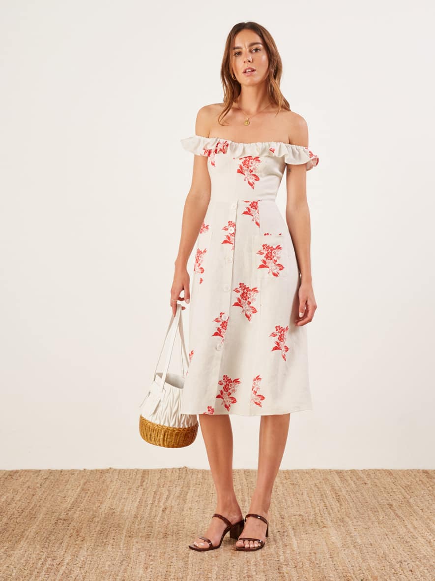 reformation hattie off the shoulder linen dress