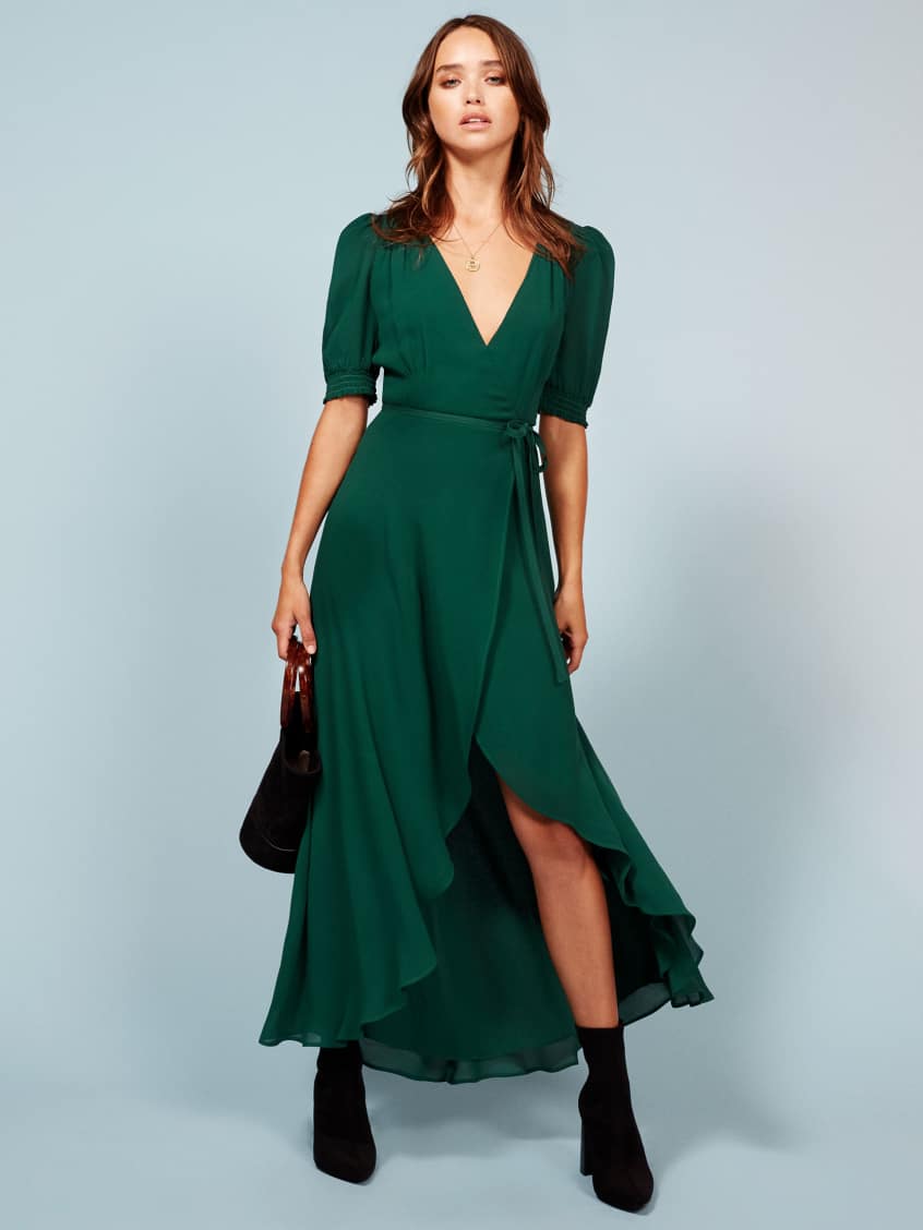 reformation green wrap dress