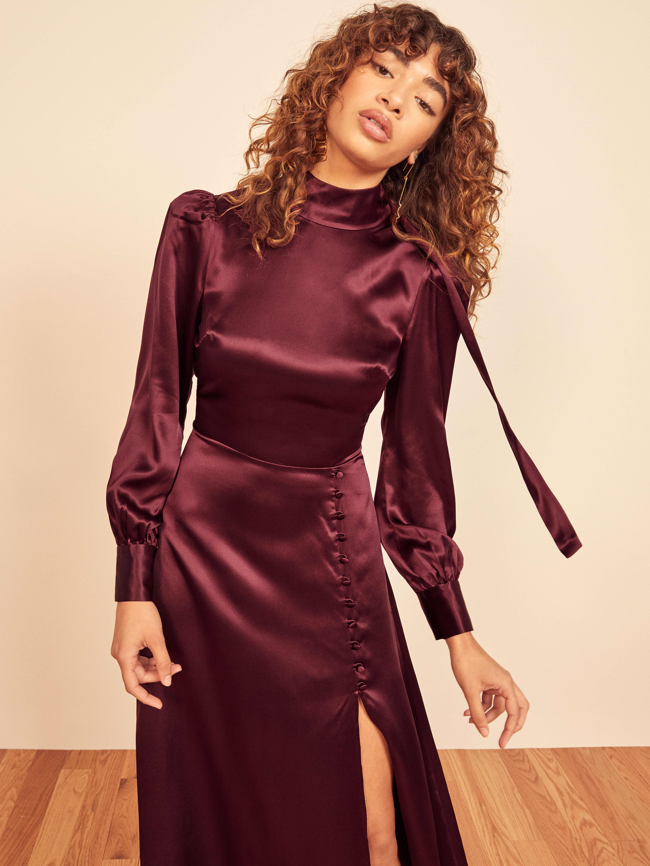 Maple Dress Long Sleeve Midi Silk Reformation