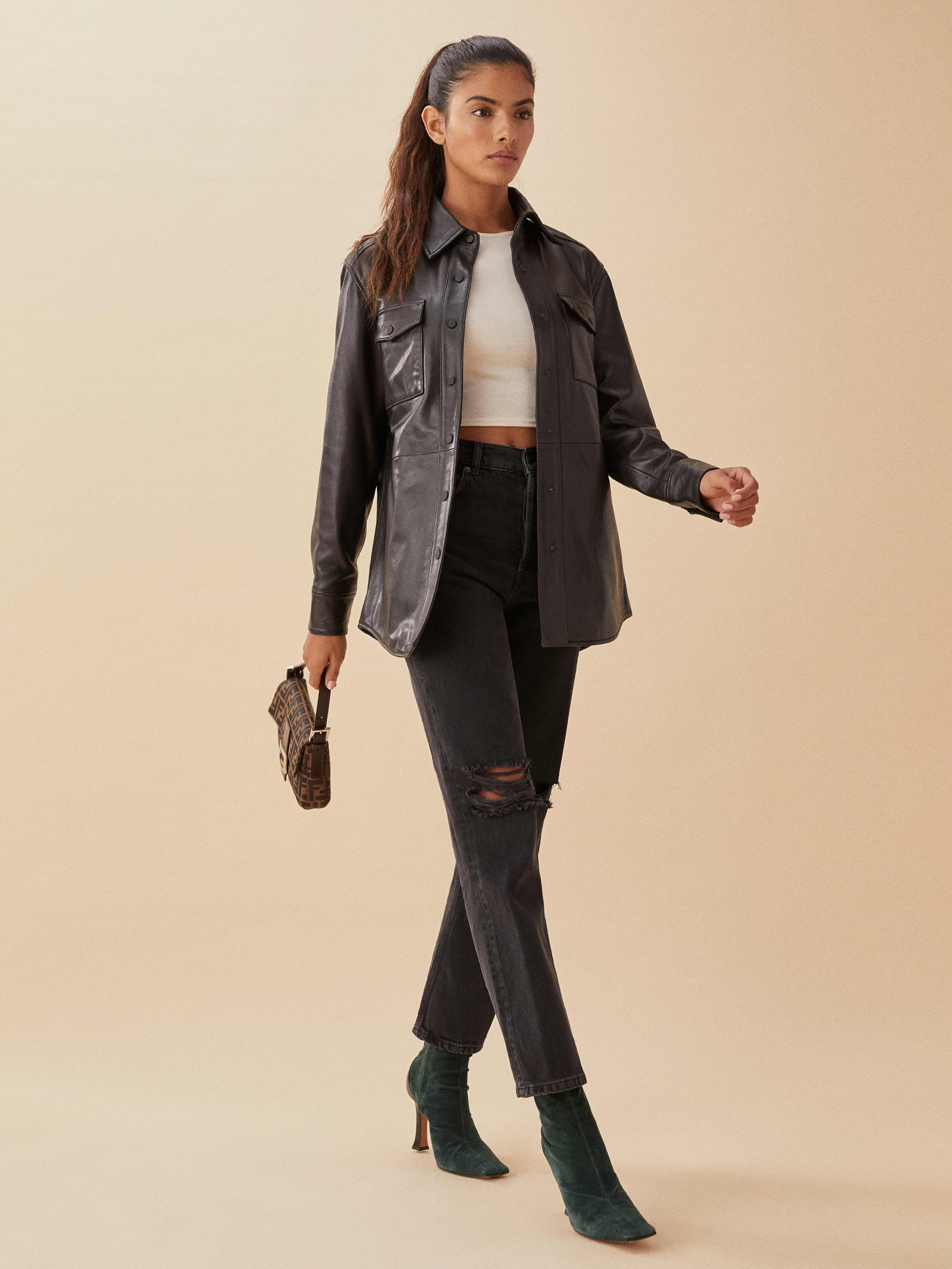 veda park tie waist leather jacket