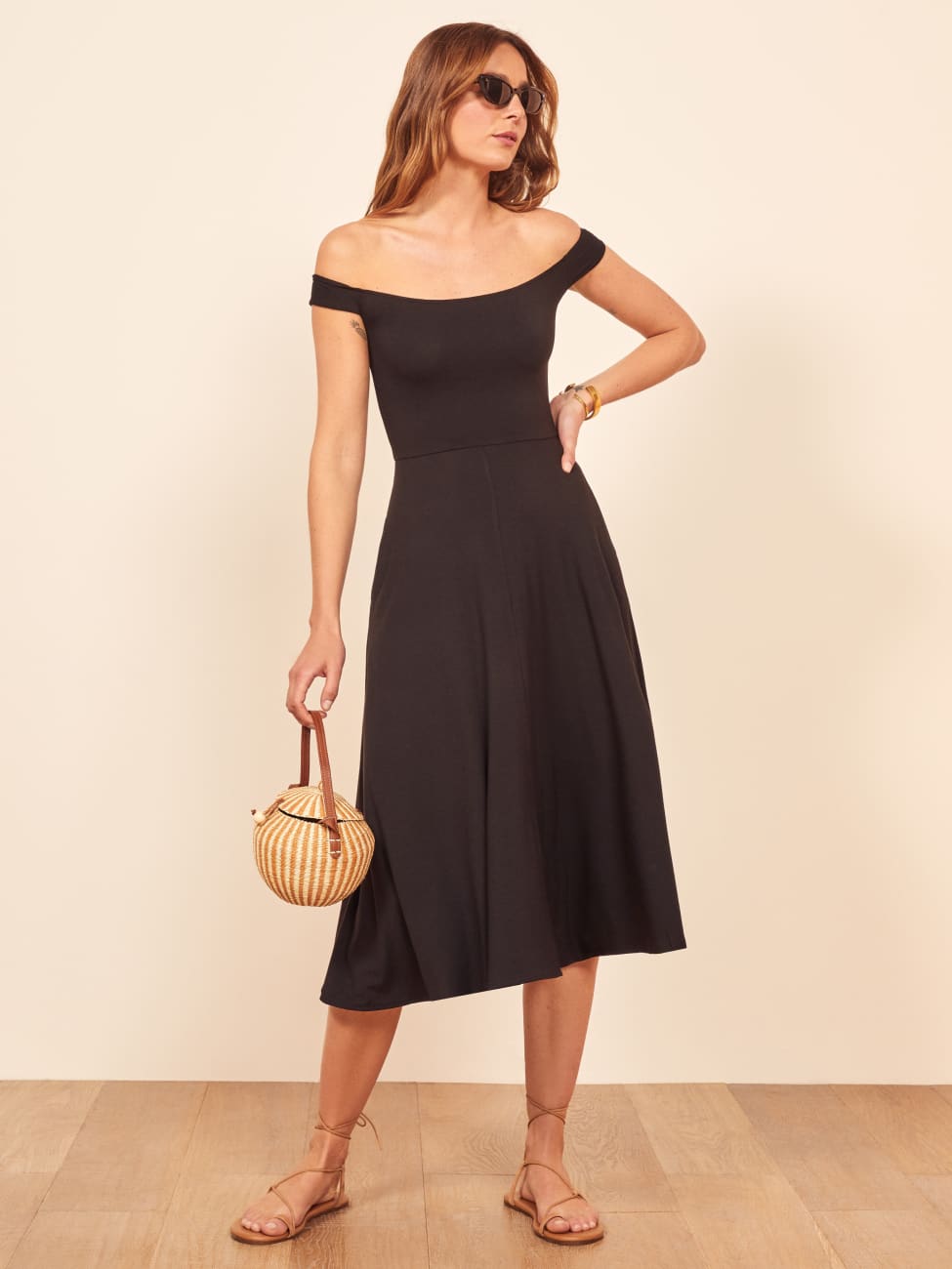 off the shoulder fit and flare midi dress