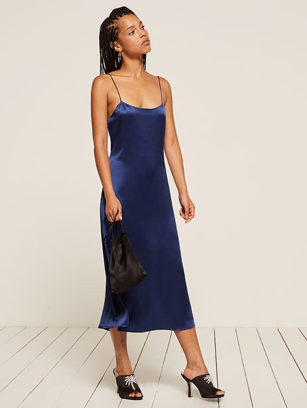 reformation blue silk dress
