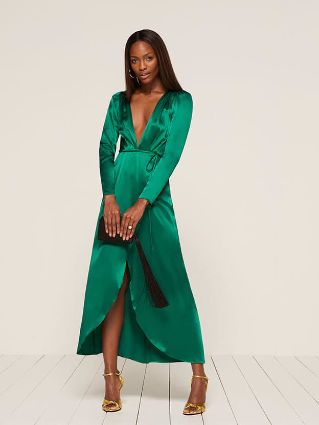reformation green wrap dress