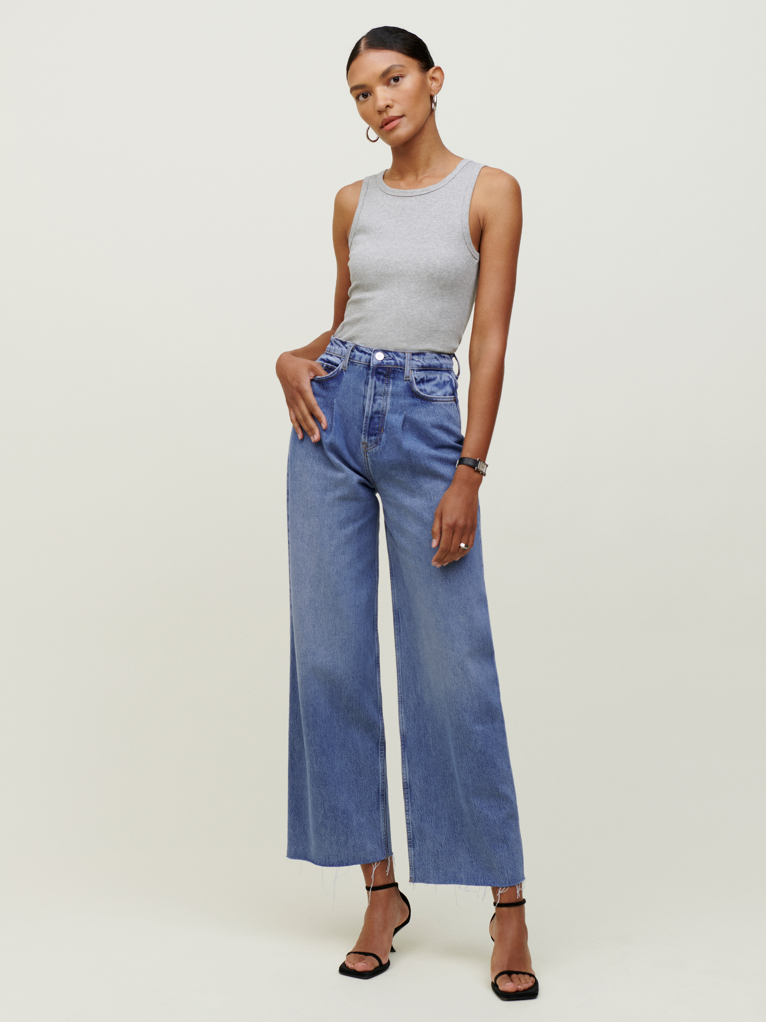 Pleated Reworked High Rise Wide Leg Jeans